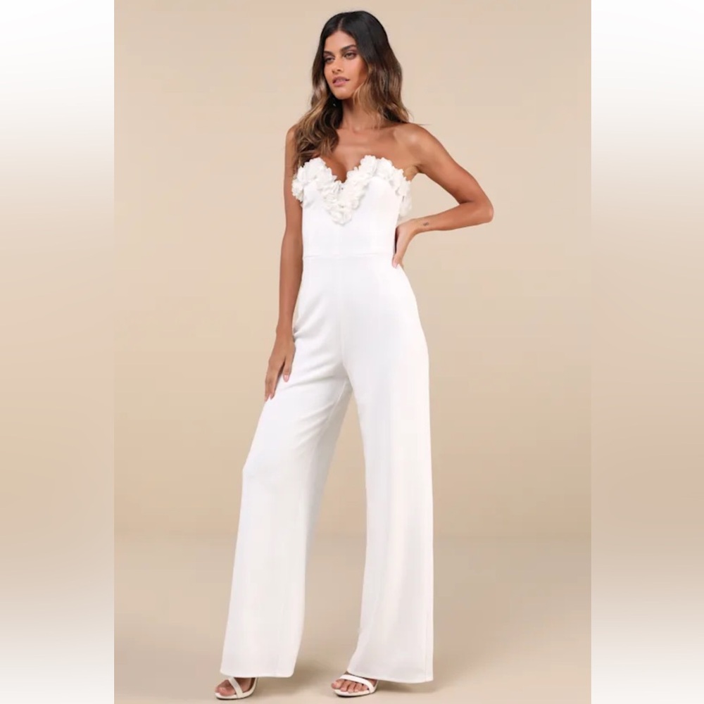 Lulu's Rare Allure White 3D Floral Applique Strapless Wide-Leg Jumpsuit